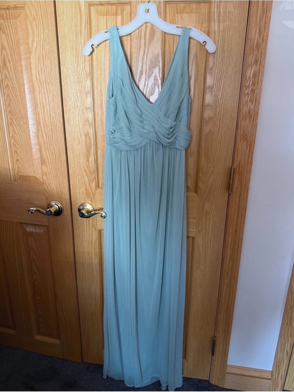 David's Bridal Mint Green Pleated V-Neck Maxi Dress